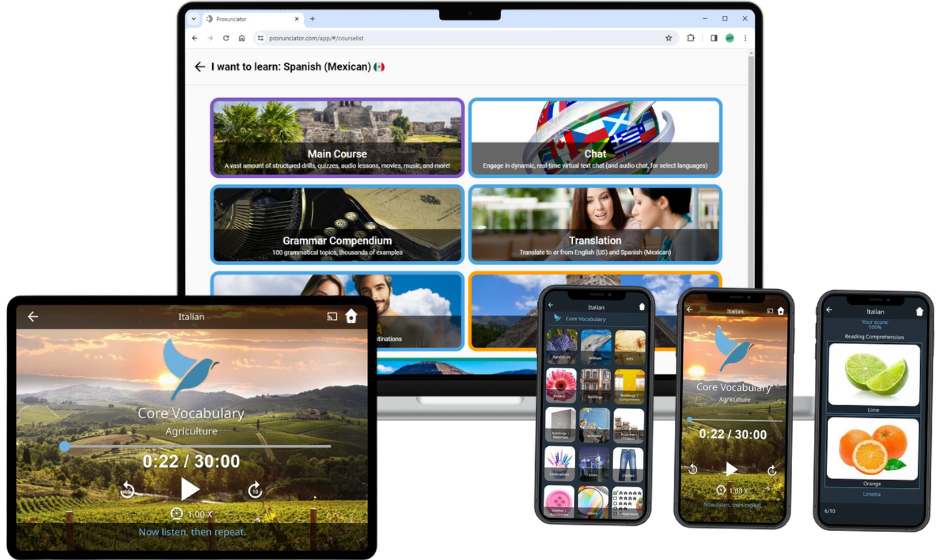 pronunciator bluebird mocks Mockups for Pronunciator and the Bluebird app on a laptop, tablet, and 3 mobile devices.